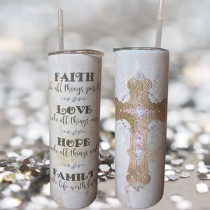 Faith, Love, Hope Family, Tumbler With Lid & Plastic Straw, 20oz,Stainless Steel